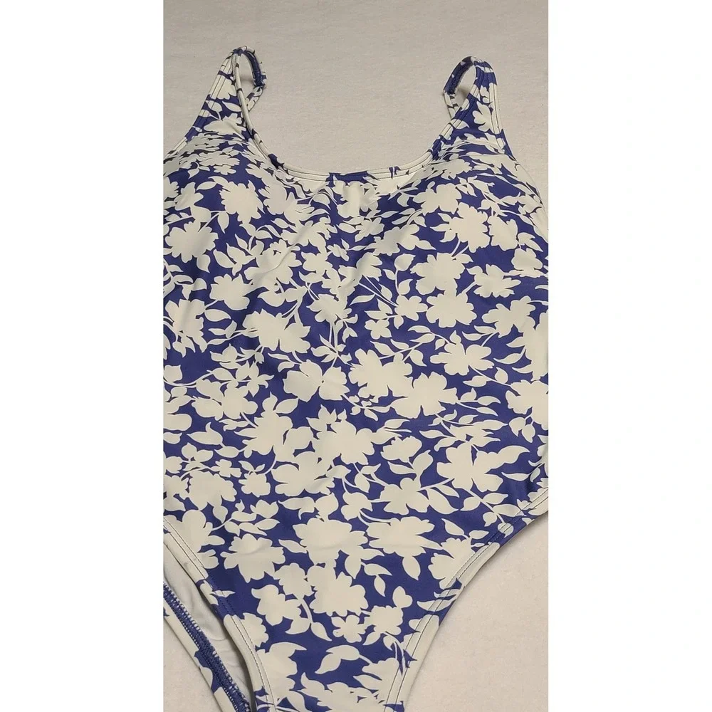Michael Kors Women's Floral One Piece Swimsuit Blue White Lace Up Back Size 10